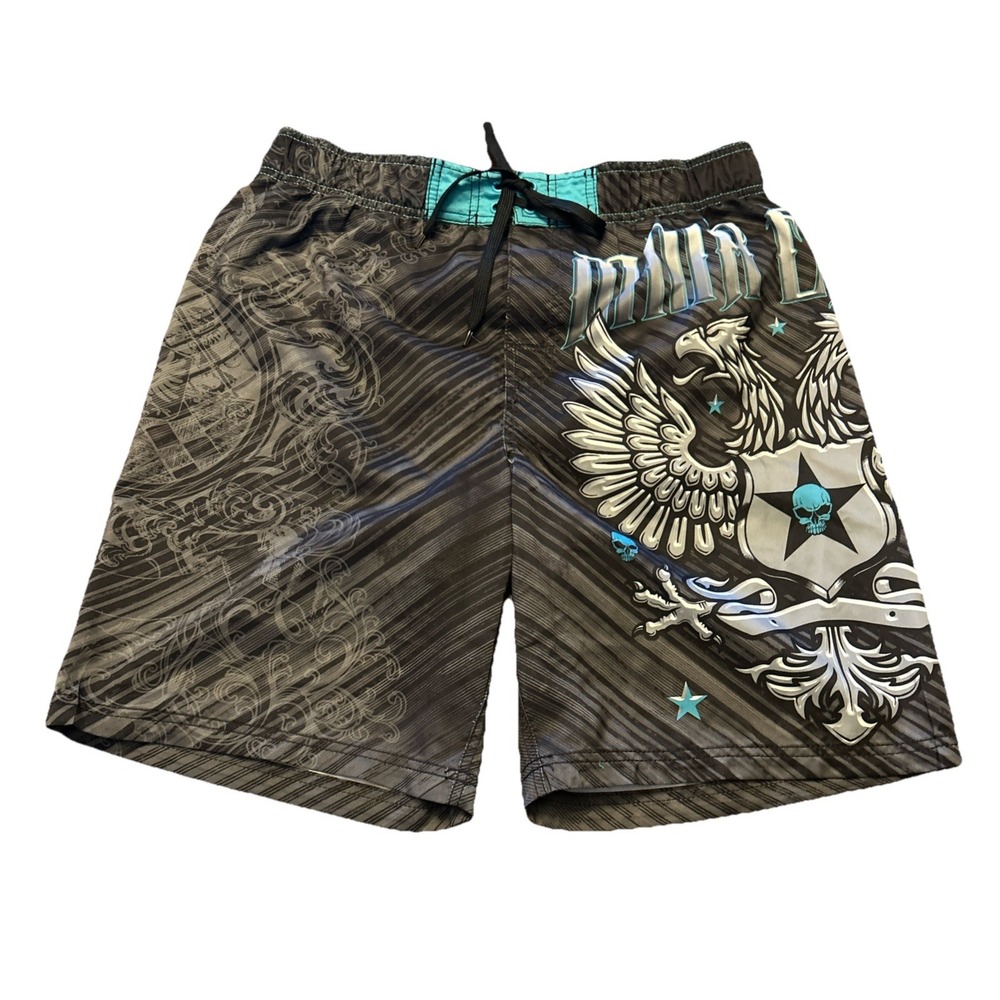 MMA Elite Board Shorts Mens M Black Gray Blue Swim Surf Trunks Grunge Y2K‎